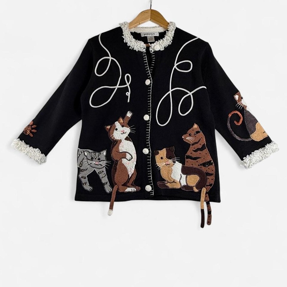 [S] Excellent Black Arriviste Vintage Cat Embroidered Cardigan Sweater 3D Tails